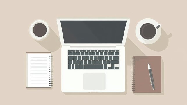 A top-down view of a neatly arranged workspace with a white laptop, notebook, pen, and a cup of coffee, ideal for a professional vibe