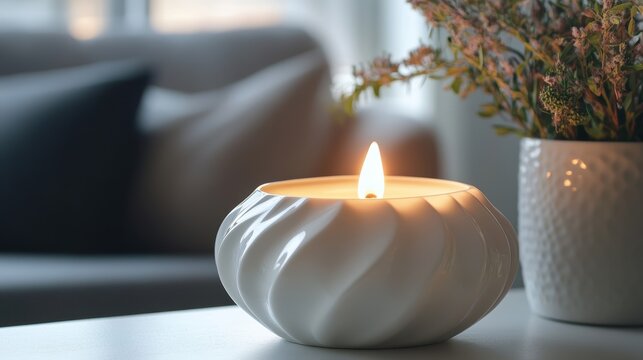 A close-up of a white decorative candle with a soft flame, placed on a white ceramic holder, ideal for cozy and relaxing content