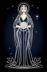 Woman in a white dress holding a bouquet of flowers. The image has a mystical and ethereal feel to it