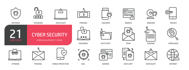 Set of line icons related to spyware, password, adware, spam alert, phishing, spam. Outline icons collection. Editable stroke. Vector illustration. stock illustration