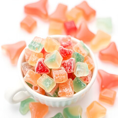 Sweet mixed color jelly candy in a white bowl against white background with copy space