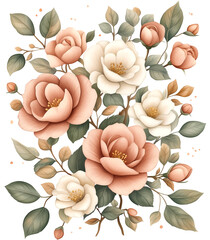 Painting of a flower bouquet with pink and white flowers. The flowers are arranged in a way that creates a sense of harmony and balance. The painting evokes a feeling of tranquility and beauty