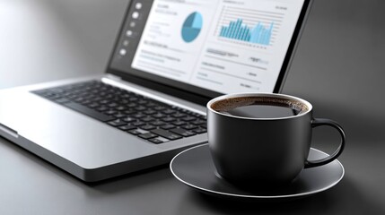 A table with laptop, coffee cup, and financial reports - analysis technology report productivity desk