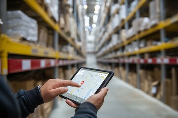 Close-up of hands holding tablet displaying warehouse map, concept for inventory management, logistics, and supply chain solutions