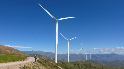 Renewable energy experts working under bright sky near tall white wind turbines, room left for copy or text overlay