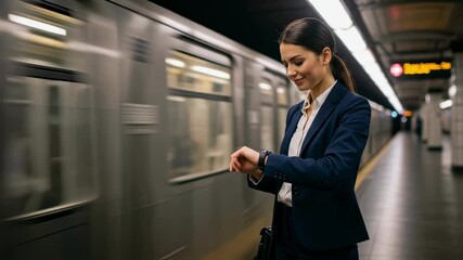 Businesswoman checking time on smartwatch at subway station with train passing. Young professional standing on metro platform using wearable technology for time management and connectivity. - Powered by Adobe