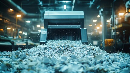Close-up of industrial paper shredding process in dark factory environment