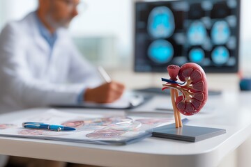 Close-up of anatomical kidney model on a doctor's desk with medical documents and a blurred doctor in the background, concept for medical education, health awareness campaign, and nephrology