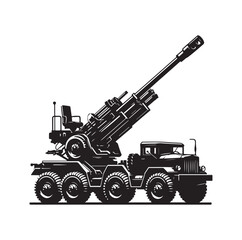 Howitzer artillery launcher truck silhouette vector illustration