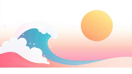 Naklejka premium Vibrant Flat Design of a Tsunami Wave Crashing Under a Bright Sun in a Gradient Sky