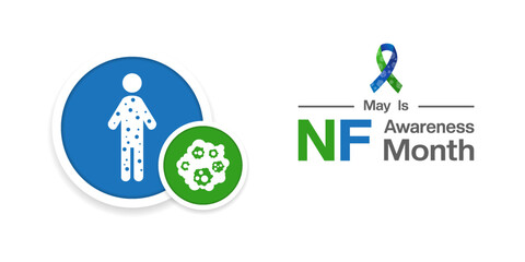 May is Nf Awareness Month. People, tumor and ribbon. Suitable for posters, banners, social media and more. White background.