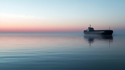 Serene maritime scene featuring a ship sailing in tranquil waters at sunset