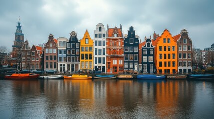 Obraz premium Colorful dutch canal houses reflect on the water.