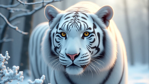Wild White Tiger with Blue Eyes in Snow