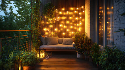 Obraz premium Cozy Night Balcony with String Lights and Greenery