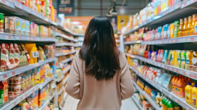 A solitary shopper navigating the vibrant aisles of a brightly-lit supermarket, an ode to everyday life. showcasing the variety of everyday products and food