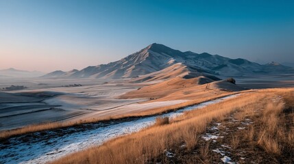 Dramatic Sunrise over Mountainous Landscape Remote Location Nature Photography Serene Environment Wide Angle View Tranquility in Nature