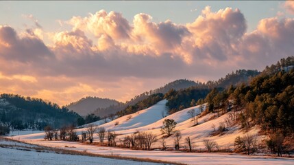 Obraz premium Winter Sunset Action Over Snowy Hills Nature Landscape Scenic Environment Peaceful Viewpoint Tranquility Concept