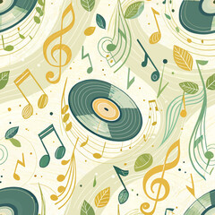 Obraz premium Seamless music notes overlay on a vinyl record backdrop, blending soft tones of yellow and green, lively and harmonious design
