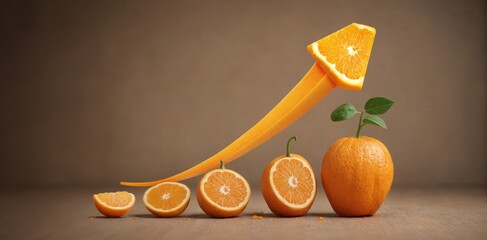 Increasing Graph And Arrow On Orange Fruit Slice Stock Board