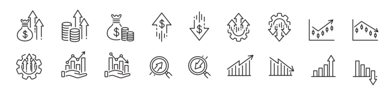 Increase decrease icon set. Editable line icon collection.
Vector illustration. 