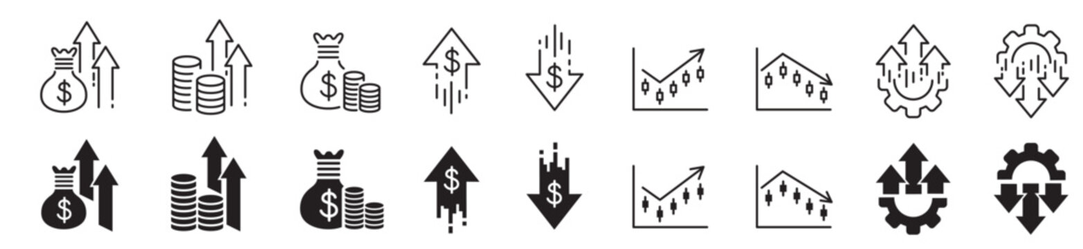 Increase decrease icon set. Editable line icon collection.
Vector illustration. 