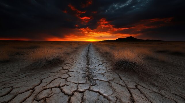 Dramatic sunset over cracked earth road