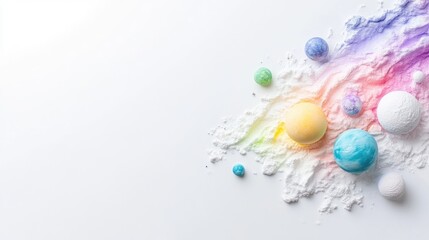 Colorful celestial bodies, pastel planets, and cosmic dust