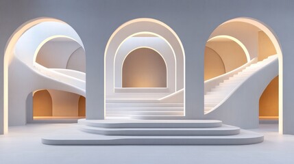 Fototapeta premium Abstract White Architectural Interior Design With Arched Pathways