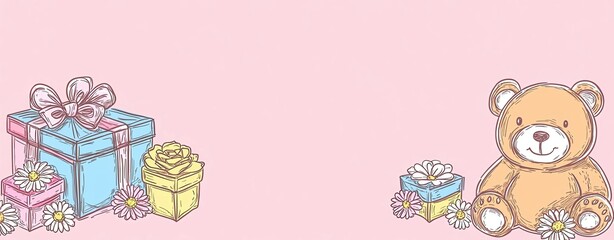 Pastel background with a childlike teddy bear lower right, sketchy daisy motifs, colorful gift box and sweet rose in doodle illustration style