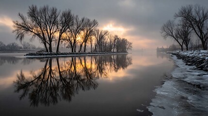 Fototapeta premium Serene Winter Reflection Frozen Riverbank Landscape Photography Calm Environment Dusk Viewpoint Nature's Tranquility