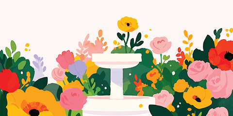 A vibrant botanical garden, where a tiered fountain blossoms with lush blooms, evoking a sense of tranquility and serenity amidst nature's artwork. 