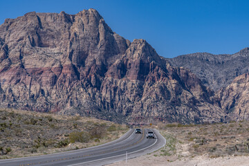 Red Rock Canyon Road | Las Vegas, Clark County, Nevada. Mojave Desert. Basin and Range Province....