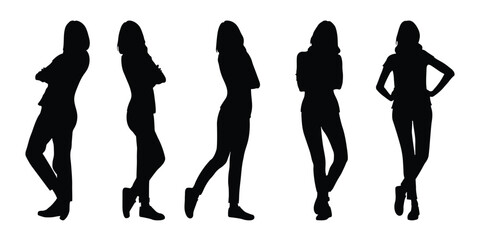 Vector silhouette of a woman. Sexy female models in different poses standing. Collection of beautiful fashion girl silhouette isolated on a white background. 
