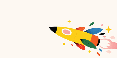 Fototapeta premium A dynamic, colorful rocket ship soars into the vast expanse of space, leaving a trail of vibrant colors and stars in its wake.