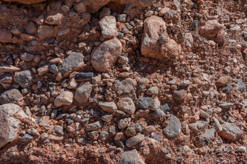 Gravelly basin fill alluvium, Calico Basin, Red Rock Canyon, Las Vegas, Clark County, Nevada. Mojave Desert.   dry stream bed / Intermittent, temporary or seasonal rivers. Fluvial terrace. gravel