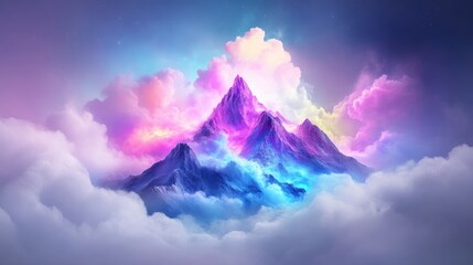 Floating mountain peak, vibrant clouds, surreal landscape