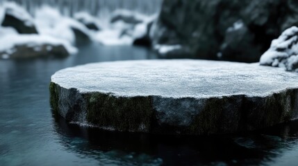 Frozen stone platform in a winter landscape.  Icy, snowy,  calm water surrounds a flat, moss-covered stone