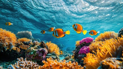 Naklejka premium Vibrant coral reef teeming with tropical fish.