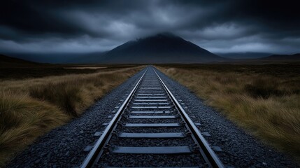 Dark, dramatic mountain landscape with railroad tracks disappearing into the distance