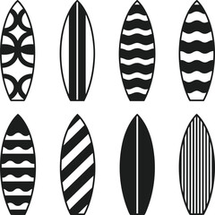 Set of Surfboard Silhouette Vectors with Geometric and Wave Patterns – Summer Beach Icon Collection