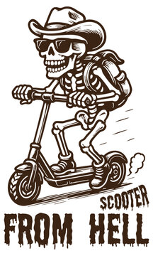 Naklejki Skeleton riding an electric scooter. Vintage retro memes classic.