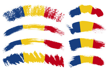 Romania waving grunge flag set. Romania flag brush strokes for national Day of Romania. Independence day grunge romania flag icon set isolated on white background