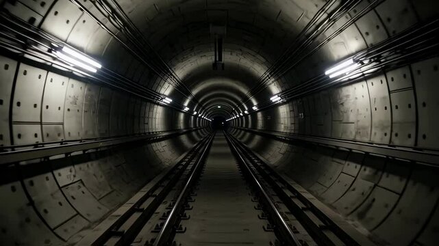 Moving through a dark subway tunnel with lights. Underground transportation in a dimly lit metro tunnel. Train tracks perspective in a city railway tunnel network video footage.