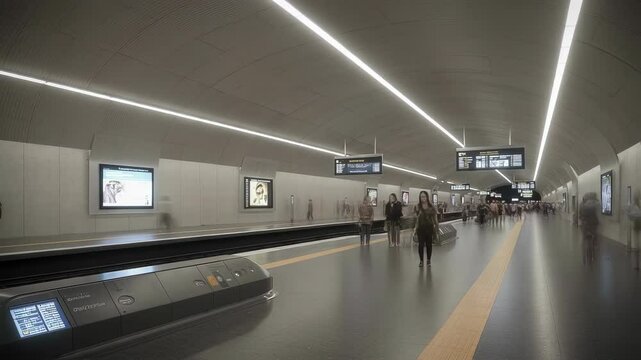 Pedestrians waiting for metro train in modern illuminated subway station on platform. People walking in futuristic underpass commute for business or public transport concept video footage.