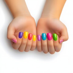 Rainbow Nail Art: A close-up view of hands showcasing a vibrant rainbow nail art design, featuring a bold color scheme on each nail.