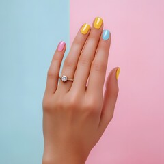 Colorful Manicure with Ring: a manicured hand featuring vibrant nails and adorned with a diamond ring, gracefully posed against a backdrop of soft pastel colors.