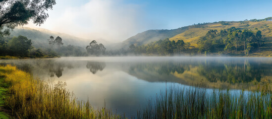 Obraz premium A tranquil landscape features lake mountains and morning mist