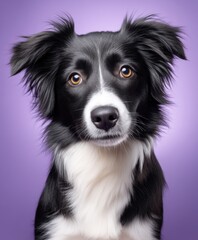 Fototapeta premium A close-up portrait of a black and white dog with expressive eyes, set against a soft purple background, highlighting its adorable features.