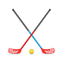Crossed floorball sticks with red blades, black grips and blue shafts with perforated plastic ball, isolated on white background, realistic 3d vector sports equipment clipart.